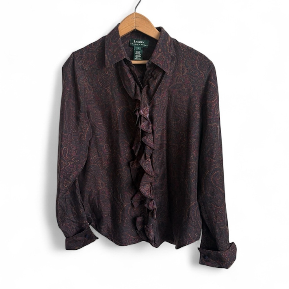 Vintage Lauren Ralph Lauren 100% Silk Paisley Ruffle Front Blouse Size Small